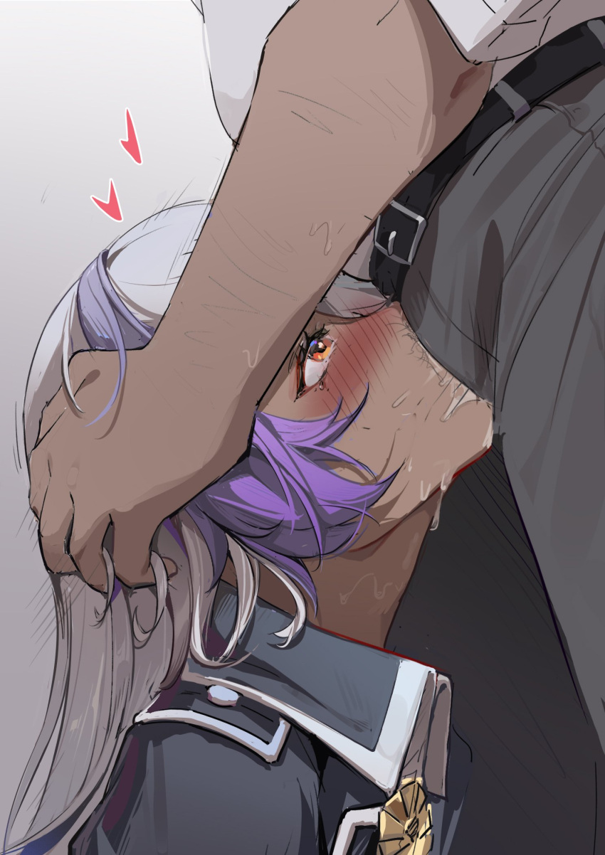 1boy alternate_hairstyle blush commission dark-skinned_female dark_skin deepthroat drooling duel_monster fellatio female grabbing_another's_hair grey_hair heart highres irrumatio male_pubic_hair multicolored_hair oral pubic_hair purple_hair red_eyes saliva saw272 sky_striker_ace_-_azalea solo_focus straight tan uniform yu-gi-oh!