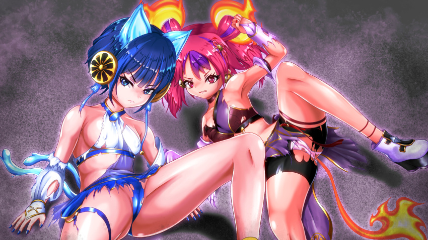 2girls ass blue_hair breasts duel_monster female ha-re_the_sword_mikanko heroine_in_trouble japanese_clothes japanese_mythology miko ni-ni_the_mirror_mikanko nini_the_mirror_mikanko red_hair torn_clothes translucent_clothing yu-gi-oh!