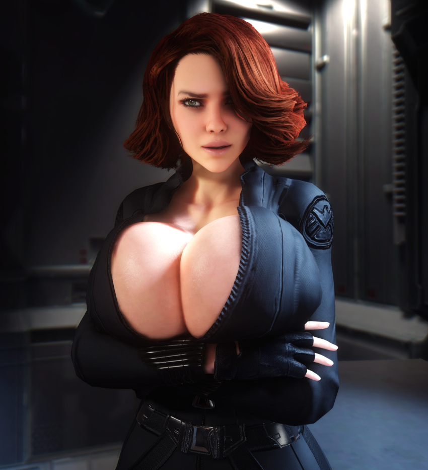 1girls 3d 3d_(artwork) alternate_breast_size black_widow_(marvel) bodysuit breasts_bigger_than_head clothed clothed_female female female_only gigantic_breasts hair_over_one_eye huge_breasts human human_female human_solo looking_at_viewer marvel natasha_romanoff open_bodysuit red_hair solo solo_female vaako