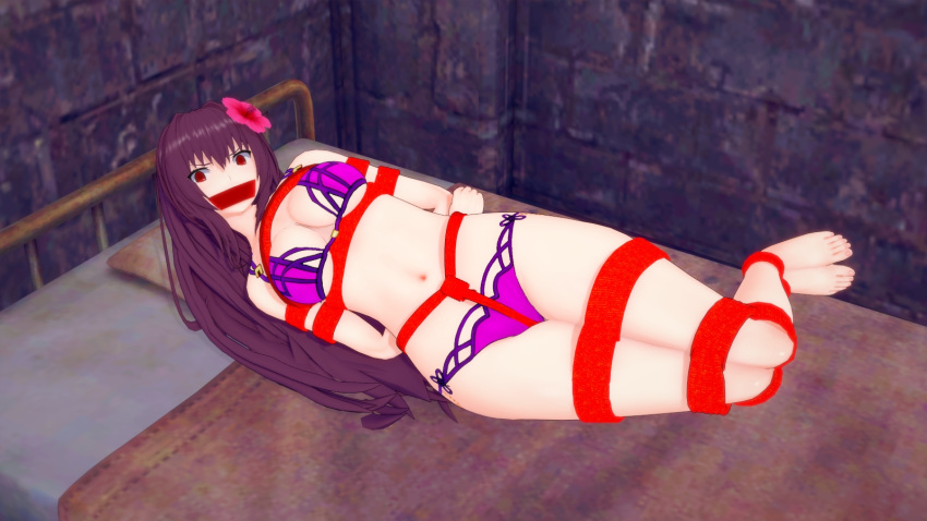 3d bikini bondage fate/grand_order fate_(series) gag gagged glaring pavro scathach_(fate) scathach_(swimsuit_assassin) swimsuit tape_gag