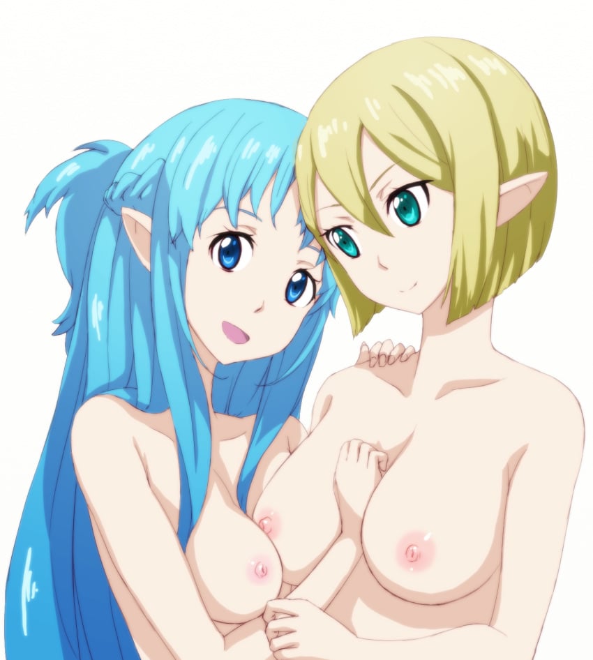 2girls blonde_hair blue_hair breasts female milf mother_and_daughter multiple_girls sword_art_online undine_(alo) yuuki_asuna yuuki_kyouko