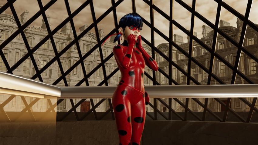 16:9 1girls 2020s 2023 3d 3d_(artwork) 4k 5_fingers acesofs4league blue_eyes blue_hair bodysuit cameltoe closed_mouth clothing evening eye_mask eyes female female_only france hair hair_ornament hair_tie hi_res indoors jpeg ladybug_(character) marinette_dupain-cheng miraculous_ladybug museum nipple_bulge open_eyes paris red_bodysuit rubber rubber_clothing rubber_suit shiny_clothes solo standing tf1 tight_clothing uncanny_valley