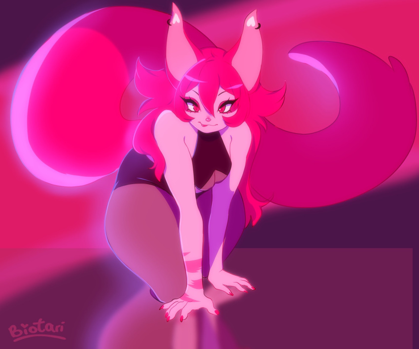 anthro biotari crawling fluffy_tail furry long_hair looking_at_viewer pierced_ears piercing piercings pink_body pink_eyes pink_fur pink_hair thighs