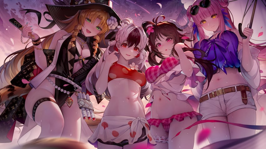 16:9 4girls :) :o accessory animal_ears arknights barefoot belly big_breasts bikini bikini_bottom bikini_top binggong_asylum black_one-piece_swimsuit black_swimsuit blush bracelet breasts brown_hair ceylon_(arknights) chest cleavage clothed drill_hair embarrassed exposed_belly eyjafjalla_(arknights) eyjafjalla_(summer_flowers)_(arknights) fan fangs female female_only flower_in_hair frilled_bikini green_eyes hair_buns half-closed_eyes hat highres hips holding_fan holding_umbrella horns legs light-skinned_female long_hair looking_at_viewer magenta_eyes midriff multicolored_hair nail_polish nails navel necklace one-piece_swimsuit open_mouth open_smile orange_hair pov red_eyes sheep_ears shorts shy sky smile snowsant_(arknights) standing stomach sunglasses sunglasses_on_head surprised swimsuit swire_(arknights) swire_the_elegant_wit_(arknights) thigh_strap thighs umbrella wallpaper wavy_mouth wet_skin white_background yellow_eyes