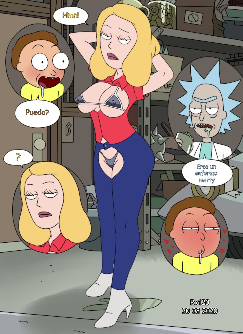 1girls 2boys alternate_version_available beth_smith big_breasts bikini blonde_hair blue_hair brown_hair female female_focus huge_breasts incest light-skinned_female light-skinned_male light_skin long_hair male mature_female milf morty_smith mother pale-skinned_male pale_skin rick_and_morty rick_sanchez rx120 spanish_text speech_bubble young younger_male