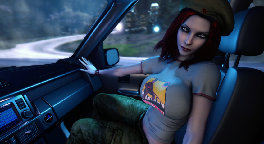 1girls 3d 3d_(artwork) alternate_breast_size beret brujah car damsel_(vtmb) female female_only female_solo huge_breasts in_car looking_at_viewer red_hair solo solo_female vaako vampire vampire_girl vampire_the_masquerade vampire_the_masquerade_bloodlines world_of_darkness