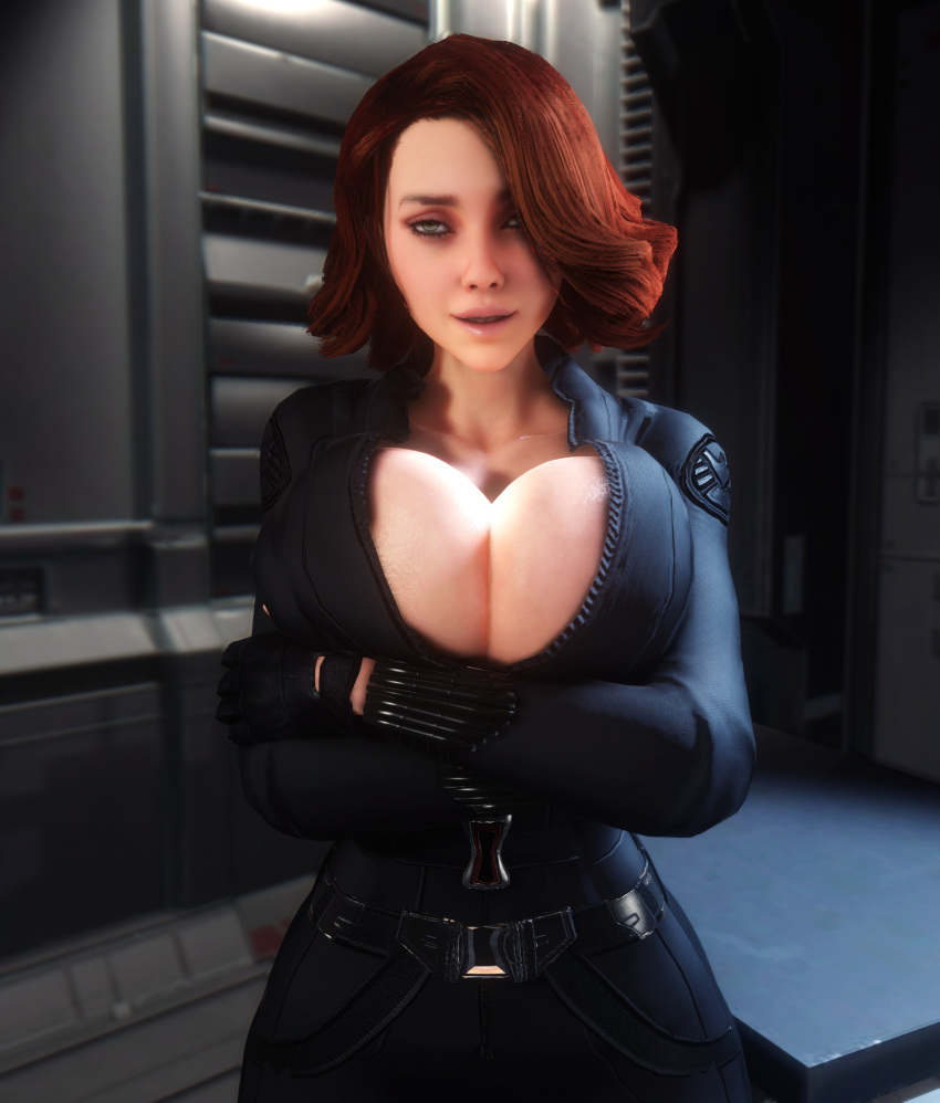 1girls 3d 3d_(artwork) alternate_breast_size black_widow_(marvel) bodysuit breasts_bigger_than_head clothed clothed_female female female_only female_solo gigantic_breasts hair_over_one_eye huge_breasts human human_female human_only human_solo looking_at_viewer marvel natasha_romanoff open_bodysuit red_hair solo solo_female vaako