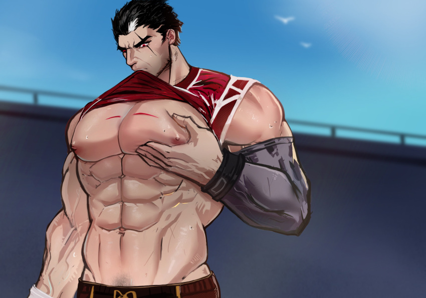 1boy 2023 abs bara barazoku biceps black_hair clothing darius_(league_of_legends) dunkmaster_darius dunkmaster_series gay hi_res highres league_of_legends male male_focus male_nipples male_only manly muscles muscular muscular_arms muscular_male nipples ordinary_1_ pecs red_eyes riot_games solo solo_male