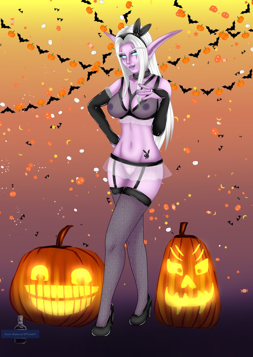 1girls big_breasts blizzard_entertainment dryarae halloween night_elf original_character pink_skin see-through see-through_clothing solo stockings warcraft white_hair world_of_warcraft