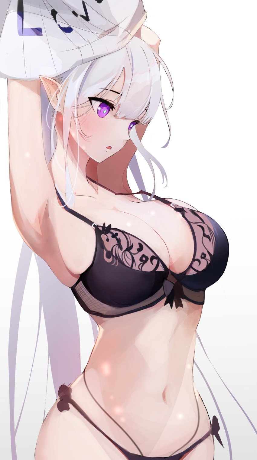 1girls armpits arms_up black_bra black_lingerie cleavage elf emilia_(re:zero) half_naked hips ishiiteru pastelu re:zero_kara_hajimeru_isekai_seikatsu silver_hair solo solo_female solo_focus underwear undressing white_background