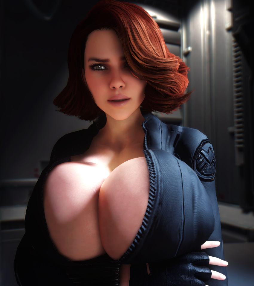 1girls 3d 3d_(artwork) alternate_breast_size black_widow_(marvel) bodysuit breasts_bigger_than_head clothed clothed_female female female_only gigantic_breasts hair_over_one_eye huge_breasts human human_female human_solo looking_at_viewer marvel natasha_romanoff open_bodysuit red_hair solo solo_female vaako