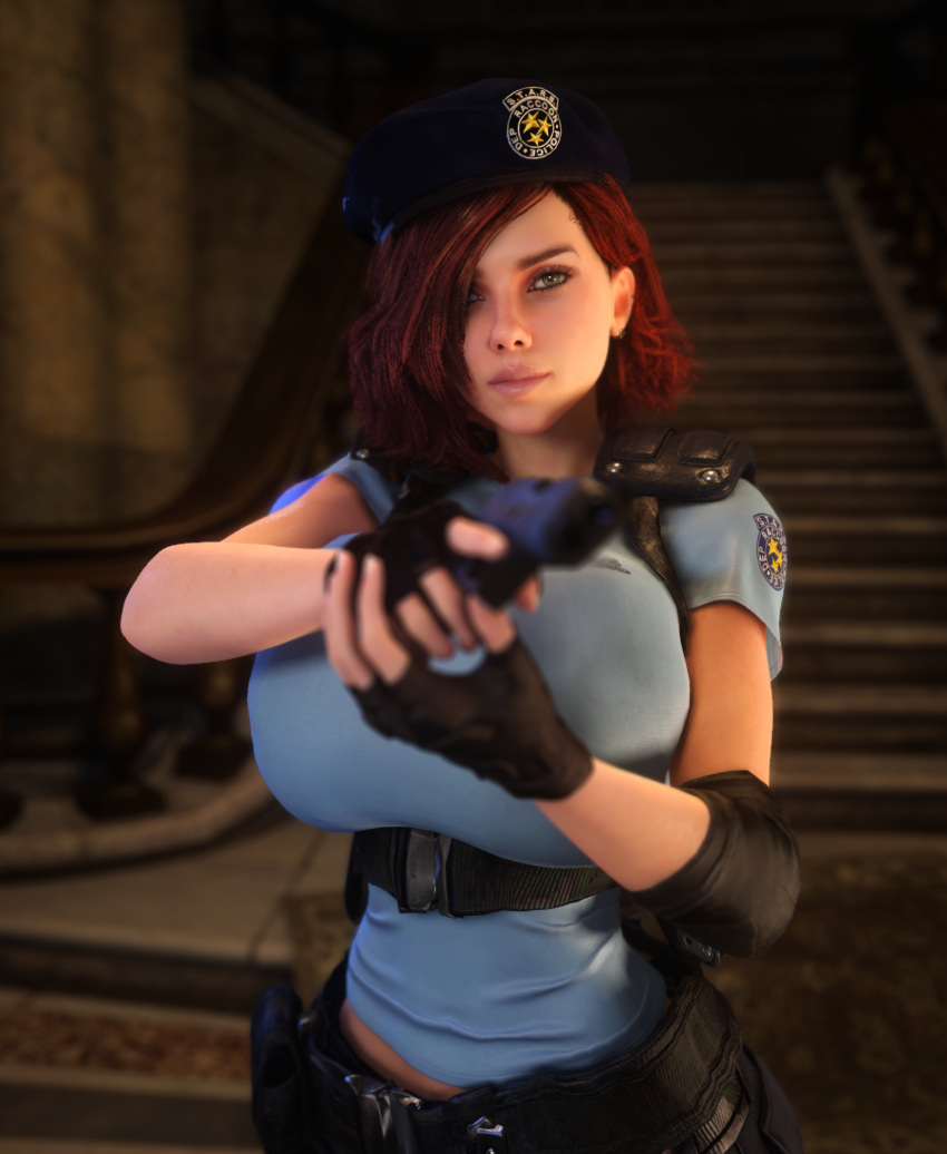 1girls 3d 3d_(artwork) alternate_breast_size belt beret black_widow_(marvel) breasts_bigger_than_head busty clothed clothed_female elbow_pads female female_only female_solo fingerless_gloves gigantic_breasts gun hair_over_one_eye holding_gun holding_object holding_weapon huge_breasts jill_valentine_(cosplay) looking_at_viewer marvel marvel_cinematic_universe natasha_romanoff pants red_hair resident_evil solo solo_female vaako weapon