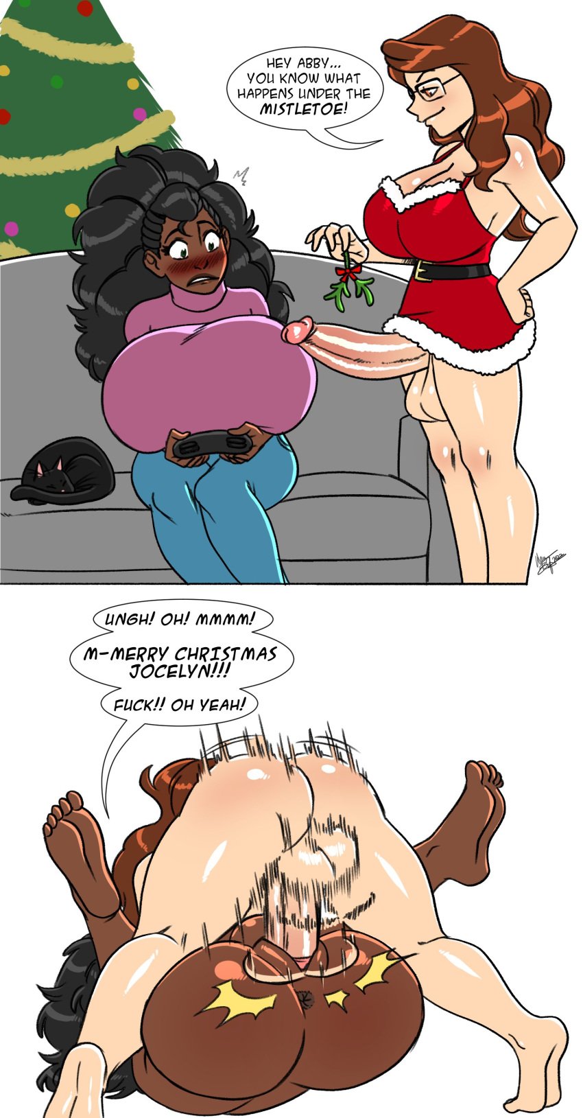 2futas abigail_owens_(superscrub) aeolus06 anus ass backsack big_ass big_penis chocolate_and_vanilla christmas couch dark-skinned_futanari feline full-package_futanari futa_on_futa futa_only futanari instant_loss_2koma interracial jocelyn_stacy_(grimlockxxx) light-skinned_futanari mating_press mistletoe mistletoe_above_penis penis penis_awe sex tagme text uncensored vaginal_penetration