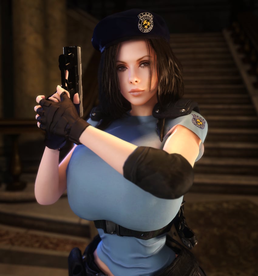 1girls 3d 3d_(artwork) alternate_breast_size belt beret black_hair breasts_bigger_than_head busty clothed clothed_female elbow_pads female female_only fingerless_gloves gigantic_breasts gun holding_gun holding_object holding_weapon huge_breasts jill_valentine_(cosplay) kate_beckinsale looking_at_viewer pants resident_evil selene_(underworld) solo solo_female underworld vaako vampire vampire_girl weapon