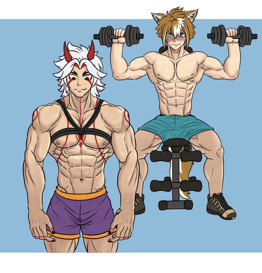 2boys abs adonis_belt arataki_itto bara being_watched biceps blush_lines bodybuilding buff dog_boy dog_ears dog_tail gay genshin_impact gorou_(genshin_impact) gym gym_clothes gym_shorts lifting_weights looking_at_another looking_at_ass male male/male male_focus male_only muscles muscular muscular_arms muscular_male muscular_thighs oni_horns pecs red_eyes red_horns shirtless shorts staring staring_at_another staring_at_ass tattoo thick thick_thighs unaware weightlifting weights white_hair white_hair_stripe white_streak working_out yaoi