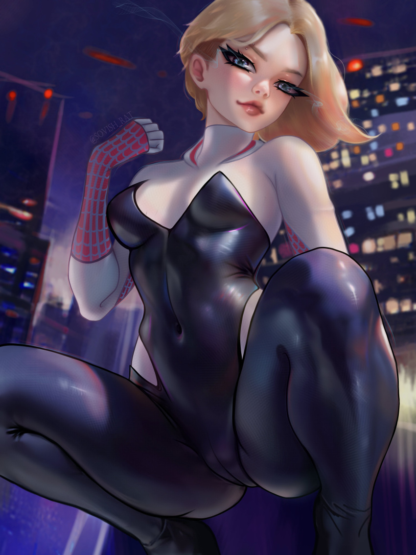 1girls 2023 absurd_res blonde_hair blue_eyes costume crouching detailed_background eyebrow_piercing eyelashes female female_only gwen_stacy looking_at_viewer marvel marvel_comics smiling smiling_at_viewer solo sovish spider-gwen spider-man:_across_the_spider-verse spider-man_(series)