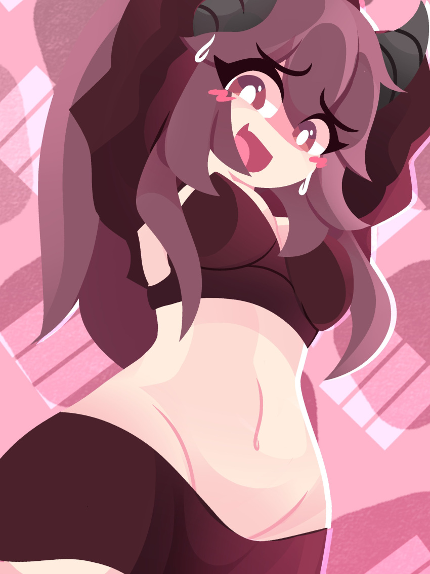 arms_above_head arms_behind_head arms_up blush blush_lines blushing_at_viewer bra brown_eyes brown_hair cute horns long_hair no_shirt open_mouth pattern_background pink_background rivergravidade short_shorts smile smiling sweat sweatdrop tummy unknown_character