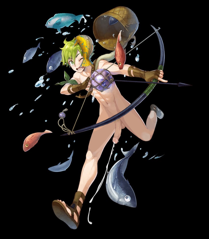 1boy arrow_(projectile) basket black_background bow_(weapon) codename_(user_mkxe3283) codename_edit completely_naked cum edit ejaculation fingerless_gloves fire_emblem fire_emblem:_the_binding_blade fire_emblem_heroes fish gloves green_eyes green_hair handsfree_ejaculation looking_back male male_only naked naked_male nintendo nude_filter one_eye_closed open_mouth penis running sandals short_hair skinny solo twink uncensored wolt_(fire_emblem) wolt_(summer)_(fire_emblem)