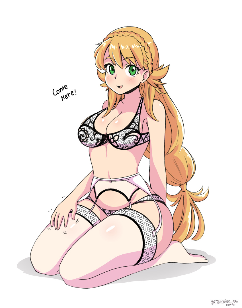 1girls absurdres bare_thighs blonde_hair blush bra breasts cleavage commission english_commentary english_text female female female_only fire_emblem fire_emblem_heroes garter_belt garter_straps green_eyes highres inviting jarckius lap_pillow_invitation lingerie looking_at_viewer medium_breasts nintendo no_pants no_shoes open_mouth panties sharena_(fire_emblem) solo text thighhighs thighs underwear white_bra white_legwear white_panties white_thighhighs