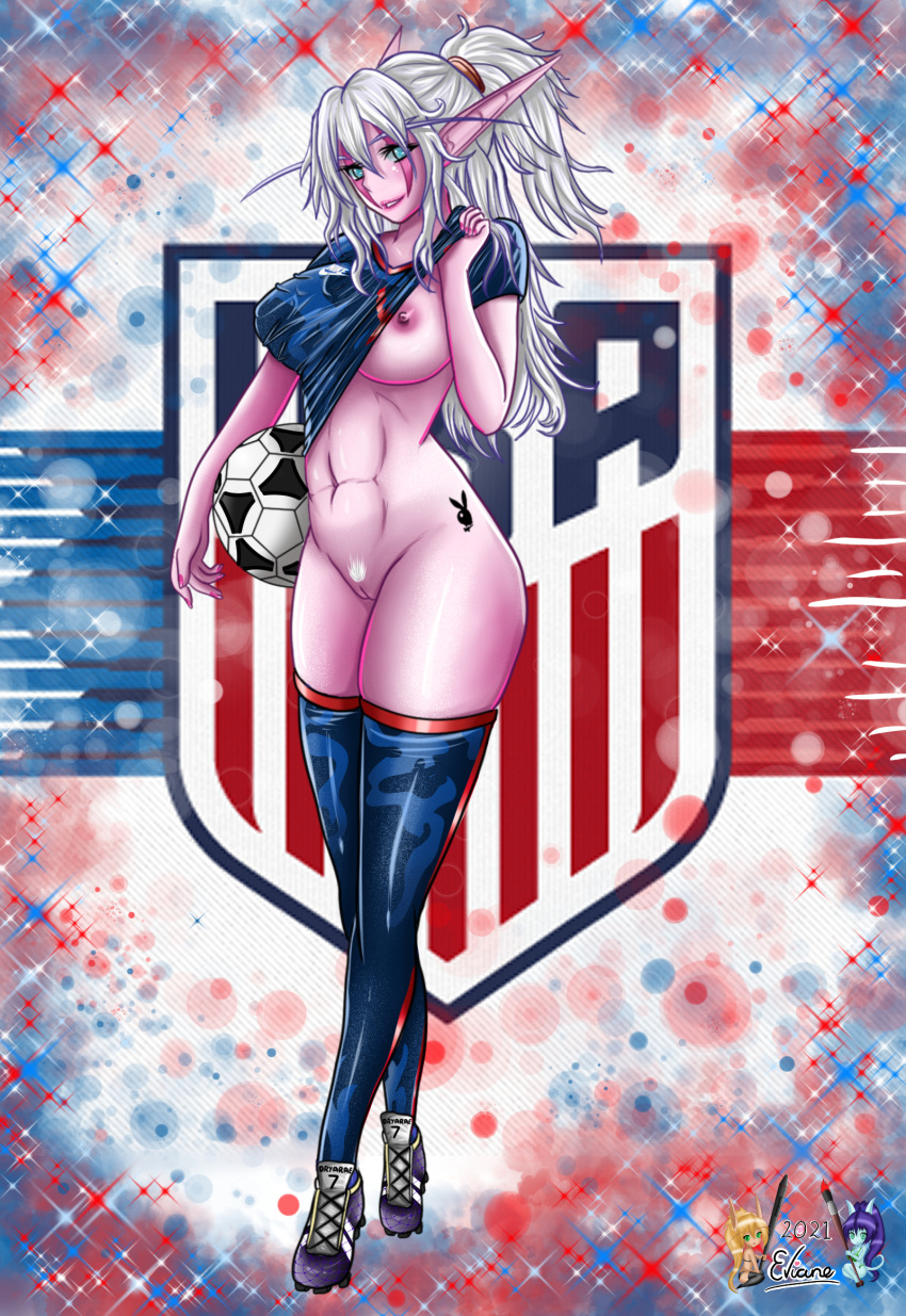 1girls athletic_female big_breasts blizzard_entertainment dryarae eviane night_elf original_character pink_skin soccer soccer_uniform solo thick_thighs thighhighs warcraft white_hair world_of_warcraft