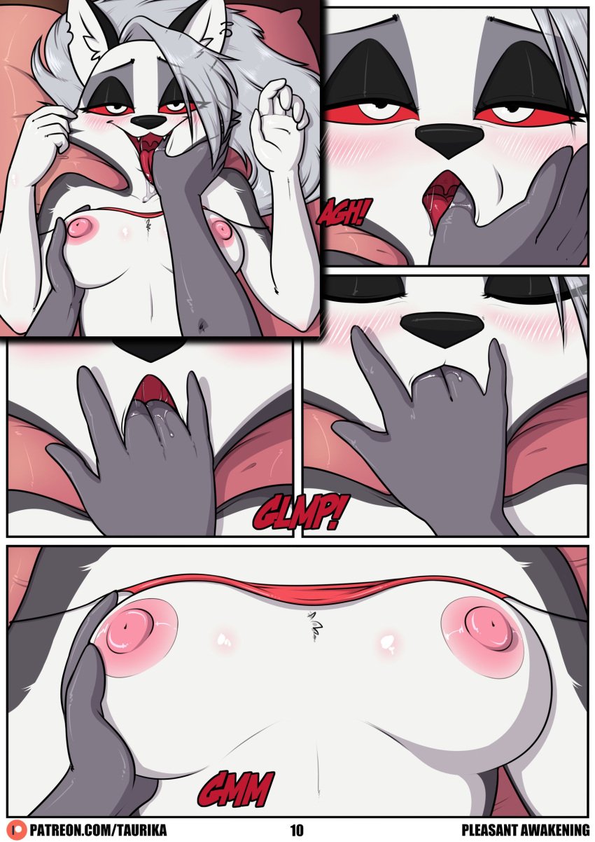 1boy1girl breasts comic comic_page drool fingering_mouth fingers_in_mouth furry goth goth_girl helluva_boss loona_(helluva_boss) medium_breasts page_10 page_number red_sclera taurika thumb_in_mouth touching_breast vortex_(helluva_boss) wolf wolf_girl