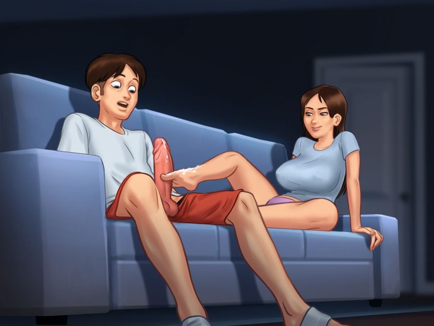 1boy 1girls 2d balls bed bed_sheet big_breasts big_penis bottomwear boxers breasts brown_hair clothed clothing couch cum cum_on_foot cum_on_penis cum_string cumming cumshot darkcookie digital_drawing_(artwork) digital_media_(artwork) duo ejaculation erect_penis erection female footjob huge_cock jenny_(summertime_saga) light-skinned_male light_skin living_room long_hair looking_at_penis looking_down main_character_(summertime_saga) male male/female nipples nipples_visible_through_clothing on_bed panties room shirt shorts shorts_down sitting smirk smirking straight straight_hair straight_sex summertime_saga topwear underwear