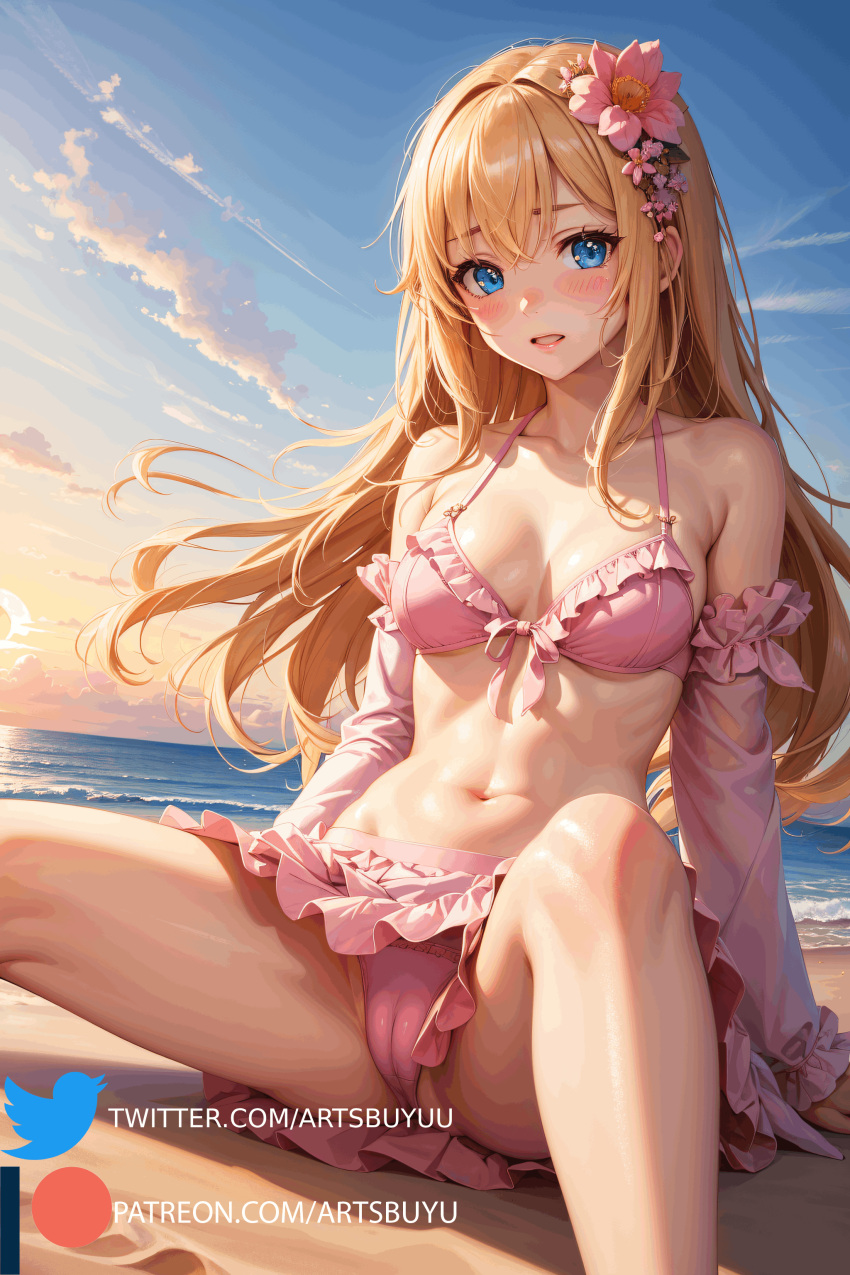 1girls ai_generated artsbuyu bangs bare_shoulders bikini blonde_hair blue_eyes blush bra cameltoe embarrassed frilled_bikini frilled_skirt hair_between_eyes hair_flower hi_res long_hair long_sleeves looking_at_viewer navel open_mouth original original_character panties pink_bikini pink_bra pink_flower pink_panties pink_sleeves sitting spread_legs stable_diffusion