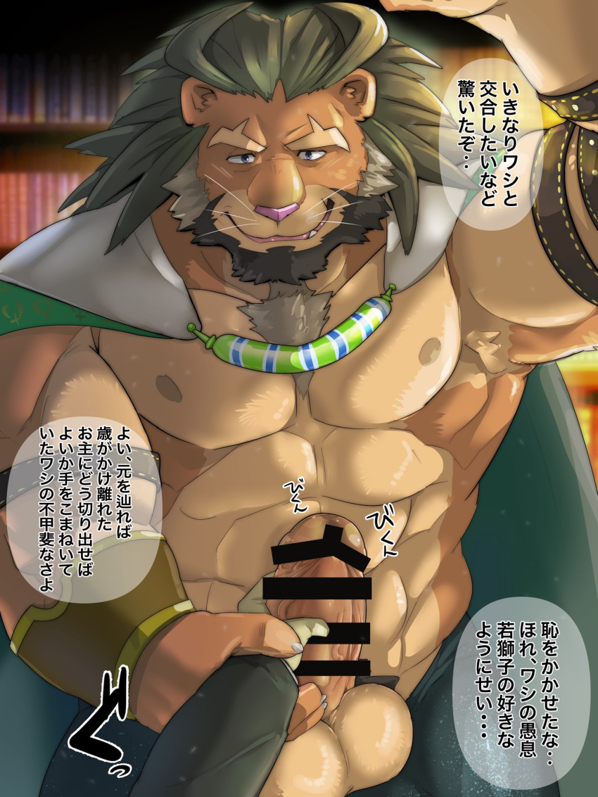 abs accessory age_difference anthro armband armpit_hair arsalan balls beard biceps black_beard blue_eyes body_hair bottomwear brown_body cape clothing debirobu duo facial_hair felid genitals green_hair grey_beard hair half_clothed hi_res japanese_text library lifewonders lion male male/male mammal muscular muscular_anthro muscular_male nipples older_male pantherine pants penis text tokyo_afterschool_summoners