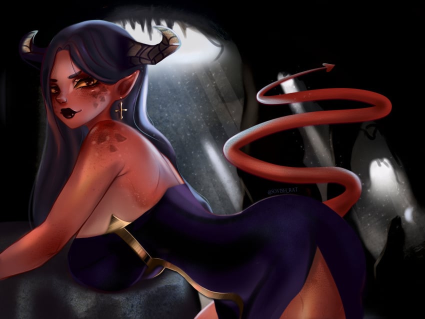 1girls 2023 absurd_res bel_(cyancapsule) bent_over black_lipstick demon demon_girl demon_horns demon_tail dress earrings female female_only horns looking_at_viewer pointy_ears red_eyes red_skin side_view solo sovish tail yellow_sclera