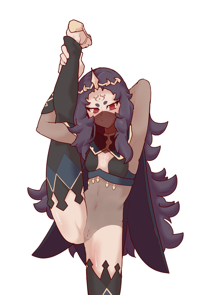 1girls bbdouble black_hair bodystocking female female_only fire_emblem fire_emblem_fates leg_up long_hair looking_at_viewer mouth_veil nintendo no_panties nyx_(fire_emblem) pussy red_eyes see-through solo source_request splits thighhighs veil vertical_splits very_long_hair