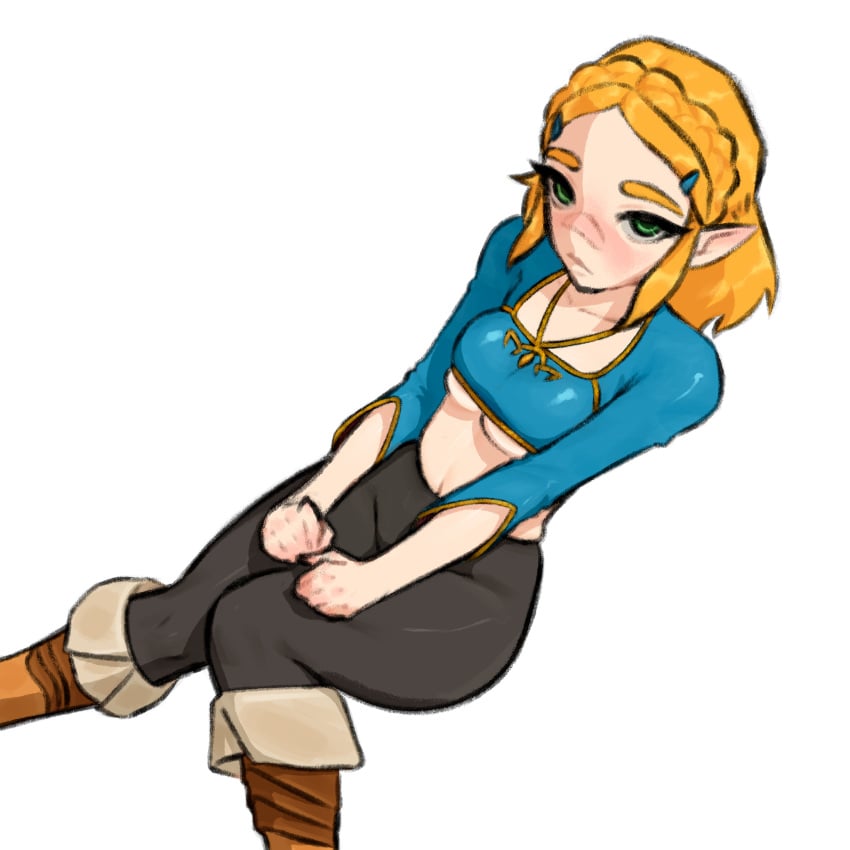 boots clothed exposed_midriff fully_clothed green_eyes gurumo knee_boots patreon princess_zelda sitting_position tagme tears_of_the_kingdom the_legend_of_zelda white_background yellow_hair zelda_(tears_of_the_kingdom)