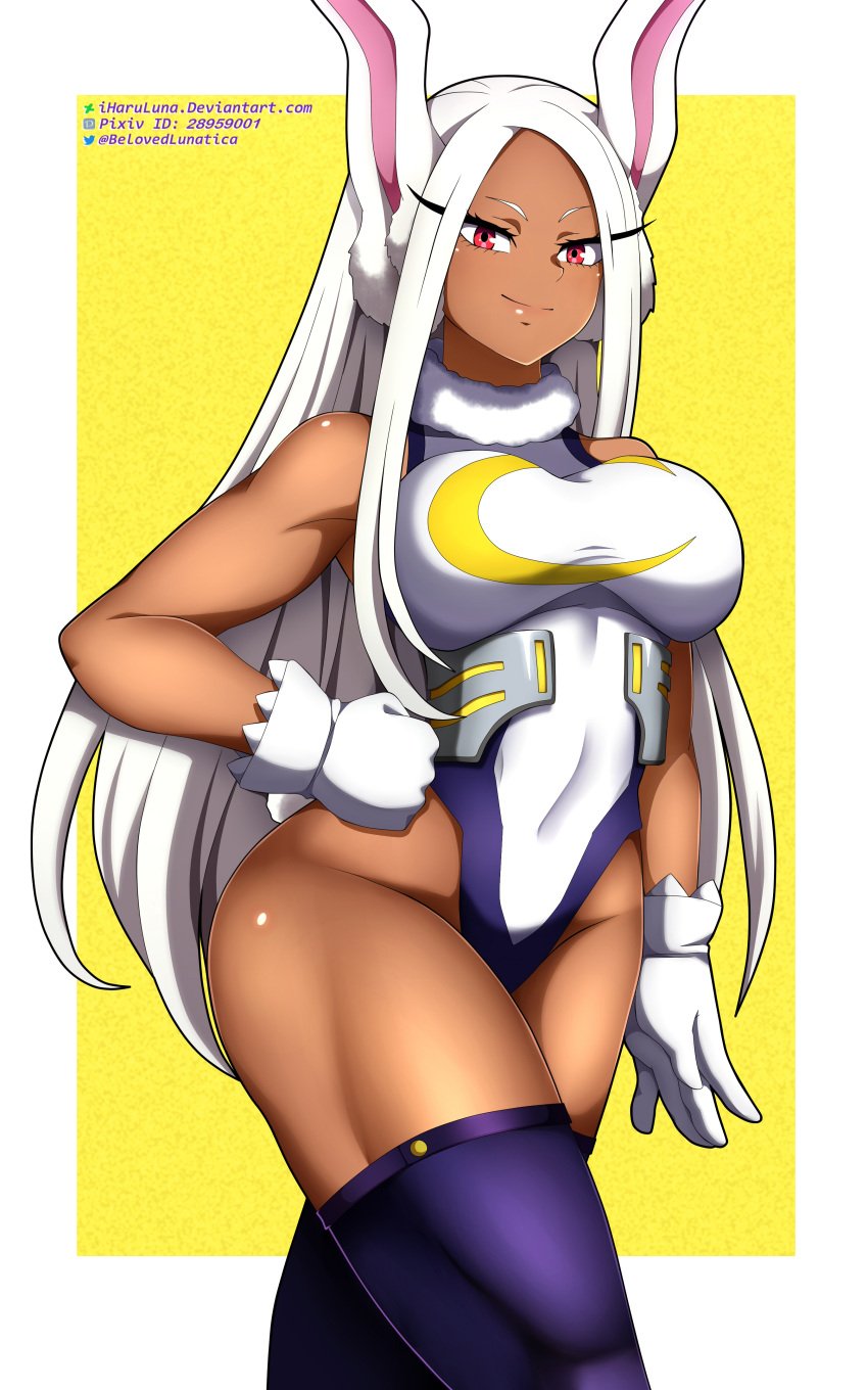 1girls animal_ears big_breasts breasts bunny_ears bunny_tail female female_only hair hand_on_hip handwear hips huge_breasts iharuluna_(artist) legwear leotard long_hair miruko my_hero_academia red_eyes rumi_usagiyama solo solo_female superhero_costume superheroine tail thick_thighs thighhighs thighs white_hair wide_hips