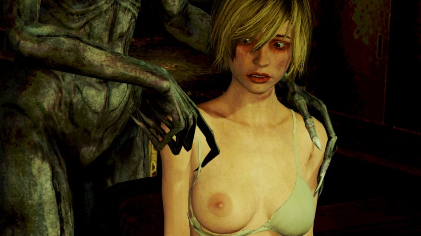 3d accurate_art_style amber_eyes blonde_hair bra breasts cheryl_mason clawed_fingers claws dbd dead_by_daylight half-dressed heather_mason konami medium_breasts mythiccj nervous one_breast_out playstation_2 short_hair silent_hill silent_hill_3 stalker_(kf) undressing