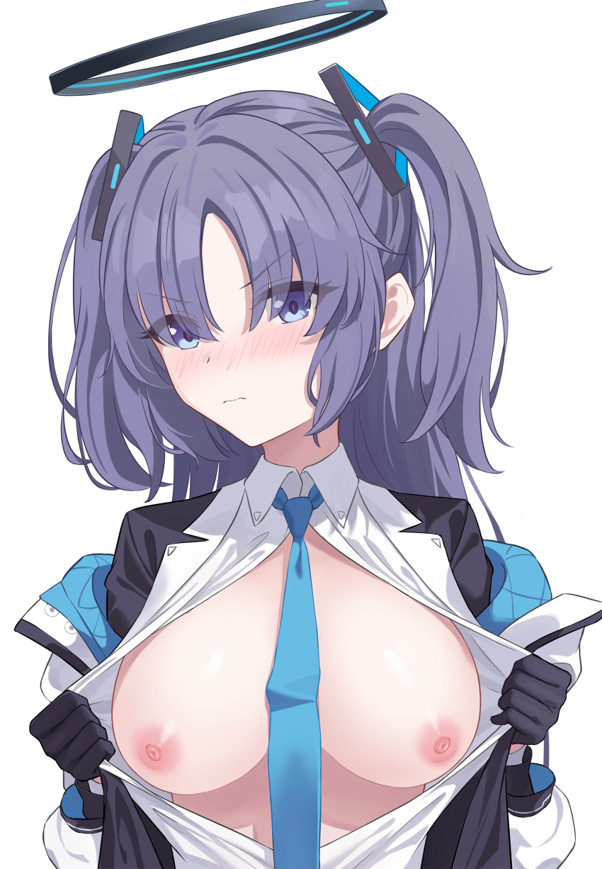 1girls absurdres areolae black_gloves blue_archive blue_necktie blush breasts breasts_out closed_mouth clothes_pull collar_tug collared_shirt commentary_request eyes_visible_through_hair female gloves halo highres jacket kurageumisawa large_breasts long_hair long_sleeves looking_at_viewer mechanical_halo millennium_science_school_student necktie nipples off_shoulder parted_bangs purple_eyes purple_hair seminar_(blue_archive) shirt shirt_pull simple_background solo two_side_up v-shaped_eyebrows white_background white_shirt yuuka_(blue_archive)