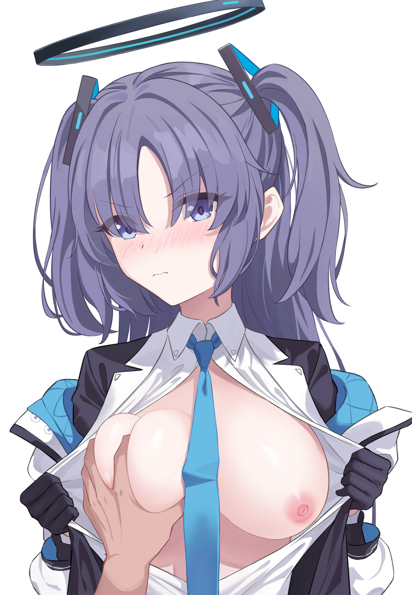 1boy 1girls absurdres black_gloves blue_archive blue_necktie blush breasts breasts_out closed_mouth clothes_pull collar_tug collared_shirt commentary_request eyes_visible_through_hair gloves grabbing grabbing_another's_breast halo highres jacket kurageumisawa large_breasts long_hair long_sleeves looking_at_viewer mechanical_halo millennium_science_school_student necktie nipples off_shoulder out_of_frame parted_bangs purple_eyes purple_hair seminar_(blue_archive) shirt shirt_pull simple_background solo_focus two_side_up v-shaped_eyebrows white_background white_shirt yuuka_(blue_archive)