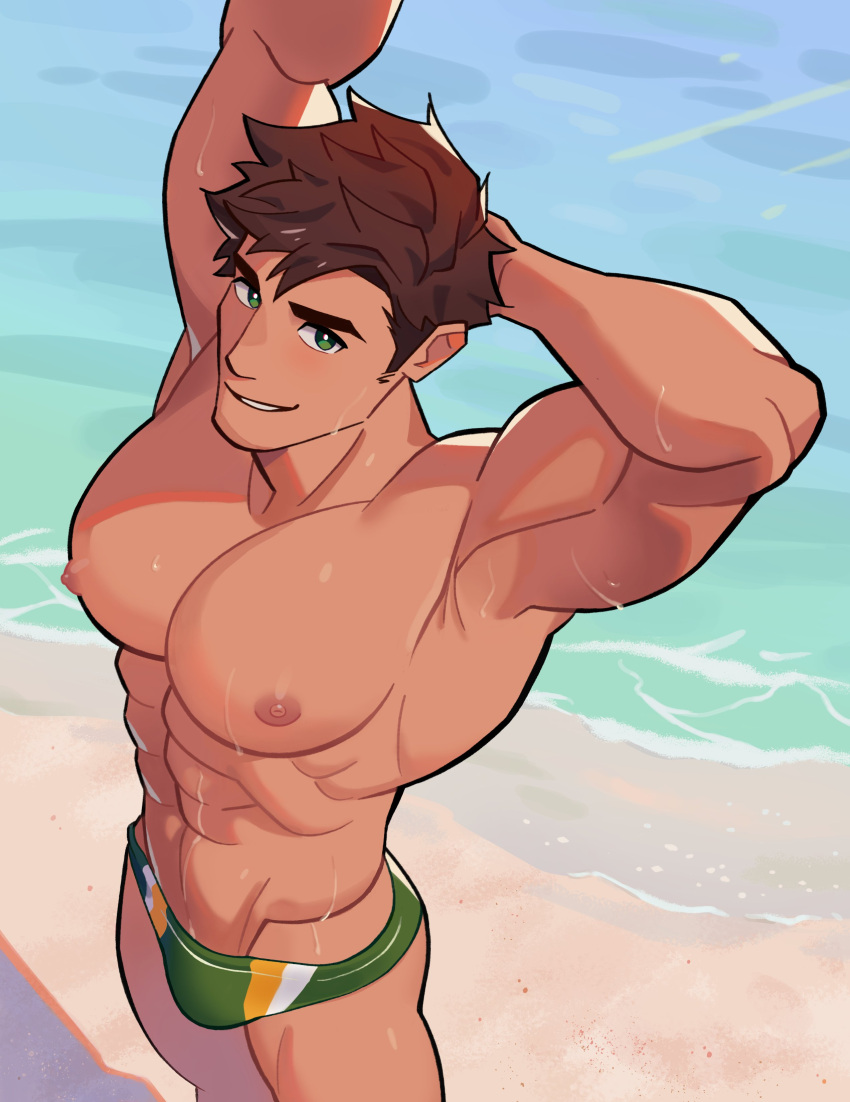 1boy above_view abs alex_(stardew_valley) arm_up armpits bara bara_tiddies bara_tits beach big_pecs brown_hair busty busty_boy erect_nipples green_eyes green_speedo hand_behind_head human human_only looking_at_viewer male male_focus male_nipples male_only milkiato muscles muscular muscular_male nipples pecs pectorals shore shoreline six_pack smiling smiling_at_viewer solo solo_focus solo_male speedo speedo_only standing stardew_valley swimwear v-line water wet wet_body wet_skin