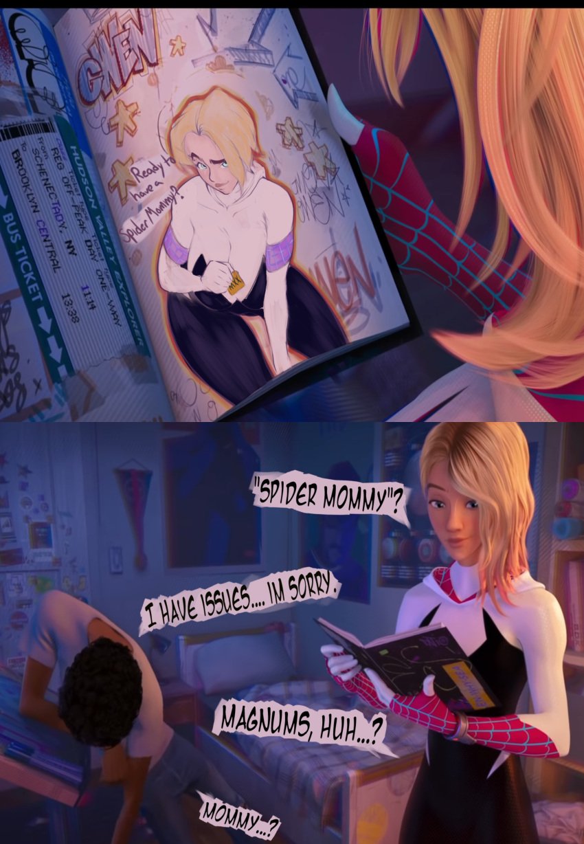 1boy 1girls 3d ? accurate_art_style alternate_body_type alternate_breast_size asymmetrical_hair big_breasts black_hair blonde_hair breasts canonical_scene condom dark-skinned_male dark_skin dialogue drawing embarrassed english_text funny gwen_art_check gwen_stacy gwen_stacy_(spider-verse) hentaidges humor large_breasts light-skinned_female light_skin marvel marvel_cinematic_universe marvel_comics meme miles_morales milf mommy mommy_kink sketch sketchbook speech_bubble spider-gwen spider-man:_across_the_spider-verse spider-man:_into_the_spider-verse spider-man_(series) text