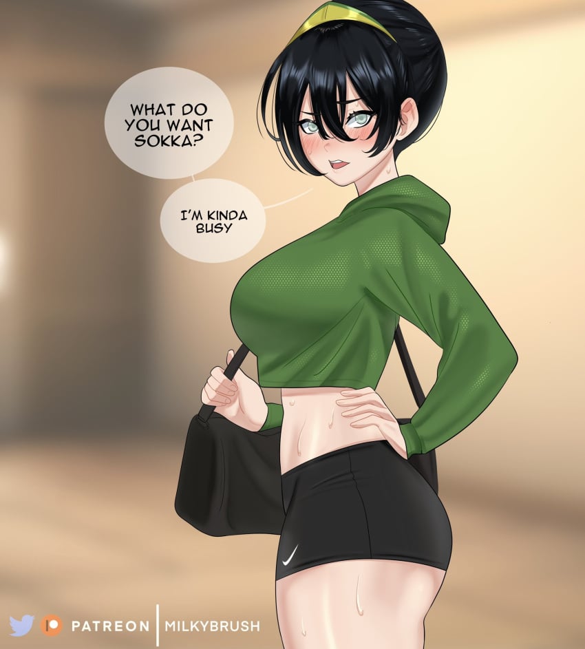 1girls aged_up athletic_female avatar_the_last_airbender bag big_breasts black_hair blind blind_eye blind_girl blush blushing bow breasts busty curves curvy curvy_body curvy_female curvy_figure dark_hair ear english_text female fully_clothed gym_bag gym_clothes gym_shorts gym_uniform hairbow hand_on_hip hoodie huge_breasts large_ass light-skinned_female light_skin midriff milkybrush nike pale_eyes pov shorts sokka solo sports_shorts talking_to_viewer text thick thick_thighs thighs tomboy toph_bei_fong