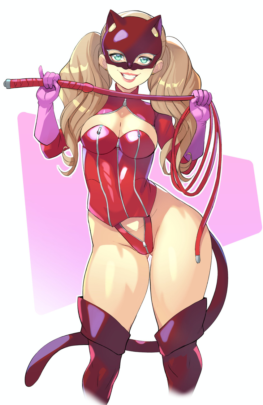 1girls absurd_res ann_takamaki blonde_hair blue_eyes boots clothing female female_only gloves greenmarine holding_weapon holding_whip human long_hair looking_at_viewer makeup mask modified_costume pale_skin persona persona_5 phantom_thief_suit smile smiling smiling_at_viewer solo tail teasing teeth_showing thigh_boots thighhighs twintails whip