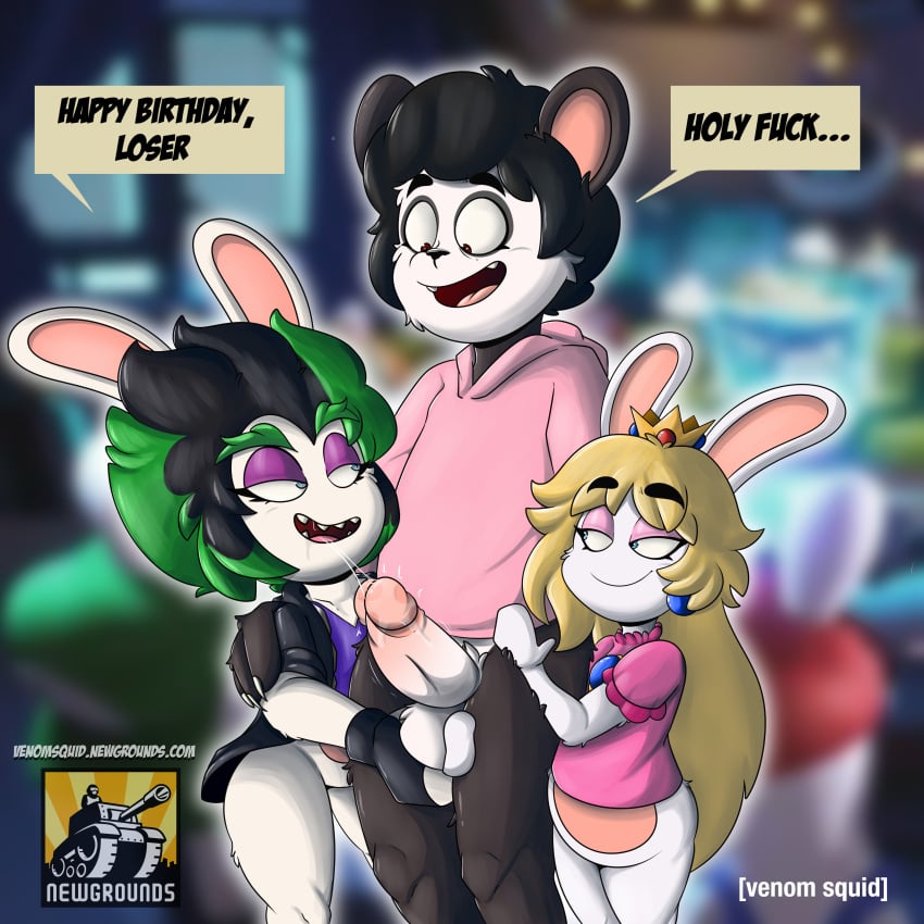 absurd_res anthro ball_grab balls bear blonde_hair blue_eyes bodily_fluids bottomless clothed clothing crossover crown cum cum_drip digital_media_(artwork) dripping edge_(mario_+_rabbids) erection fellatio female fur genital_fluids genitals gloves green_hair group group_sex hair handwear headgear hi_res humanoid ken_ashcorp lagomorph male male/female mammal mario_(series) mario_+_rabbids mario_+_rabbids:_sparks_of_hope nintendo open_mouth oral penile penis precum rabbid rabbid_peach raving_rabbids saliva saliva_drip saliva_on_penis saliva_on_tongue saliva_string sex simple_background size_difference threesome tongue topwear trio ubisoft venomsquid white_body