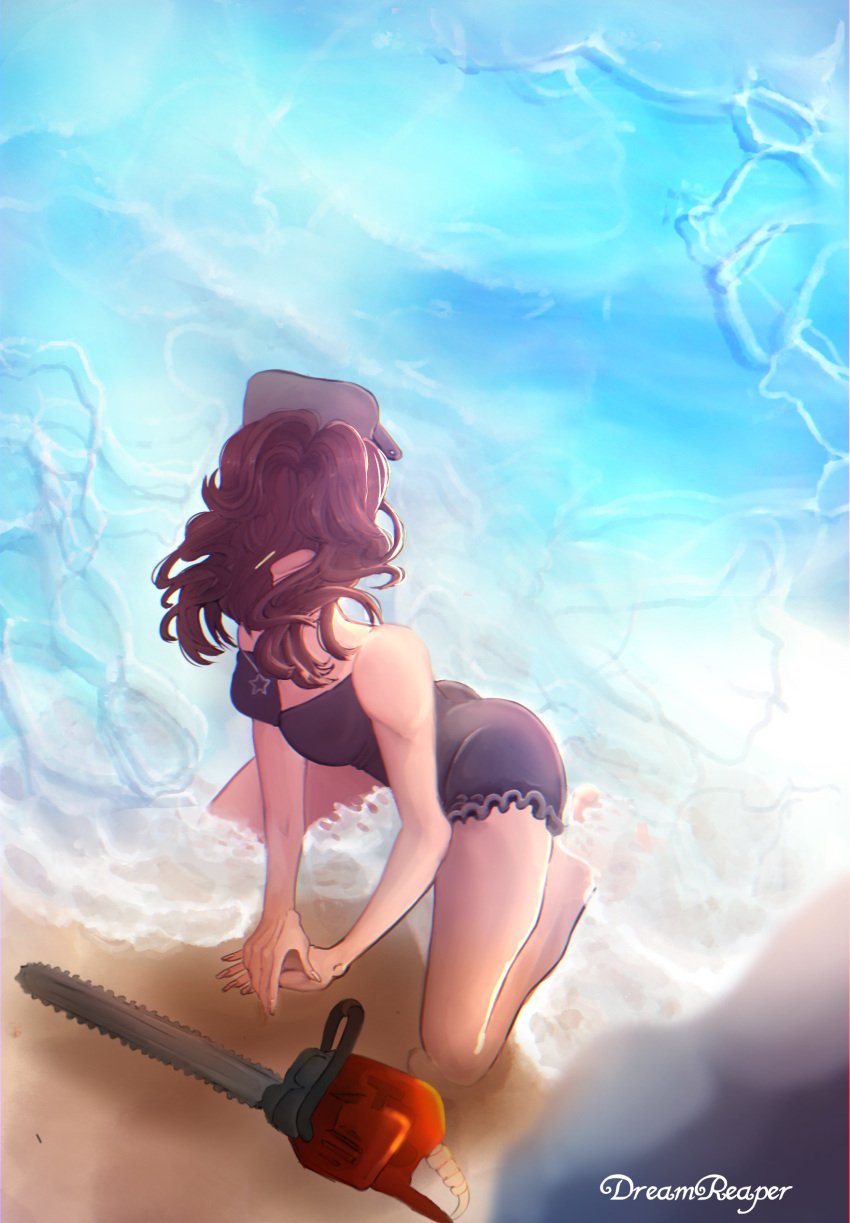 1girls beach black_dress brown_hair chainsaw combat_warriors curly_hair dreamreaper headless kneeling long_hair looking_at_viewer pot roblox roblox_avatar softaxy star_collar tagme toothpick