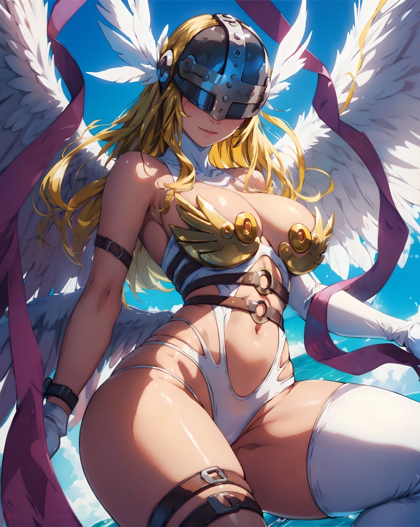 4_wings ai_generated angel angel_wings angewomon belt bikini bikini_armor blonde_hair digimon digimon_adventure feathered_wings feathers gloves helmet helmet_over_eyes skizzen solo thighhighs wings