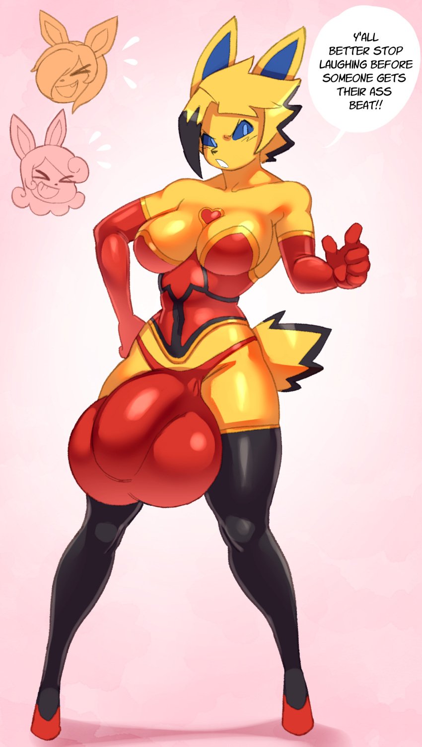 absurd_res angela_(hoodielazer) angry angstrom anthro balls big_balls big_bulge big_penis breasts bulge clothing costume detailed_bulge dialogue diana_(hoodielazer) eeveelution english_text female flareon futanari generation_1_pokemon generation_6_pokemon genitals group gynomorph hi_res huge_balls huge_cock ichigo_(hoodielazer) intersex intersex/female jolteon laugh looking_at_viewer nintendo penis pokemon pokemon_(species) solo suit sylveon text trio