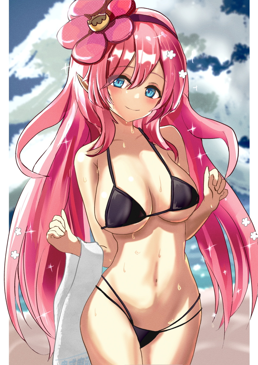 1girls big_breasts bikini blue_eyes blush duel_monster pink_hair sweat traptrix traptrix_rafflesia yu-gi-oh!