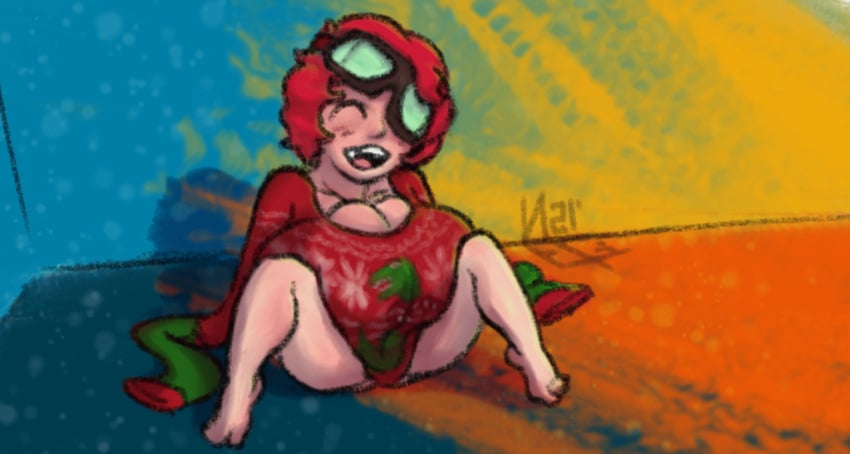 2021 animated animated animation big_breasts bottomless bottomless_female breasts breasts_bigger_than_head breasts_bigger_than_torso christmas cleavage cleavage_overflow closed_eyes color colored colored_sketch dinosaur dinosaur_holiday_sweater goggles goggles_on_face goggles_on_forehead goggles_on_head holidays huge_breasts kira_(yetig) large_breasts laugh laughing leaning_back massive_breasts meme meme_attire missing_tooth no_pants only_sweater oversized_breasts oversized_clothes oversized_shirt oversized_sleeves oversized_sweater pleased red_hair self_upload sitting sitting_down sitting_on_ground skindentation sweater sweater_only top_heavy xmas yetig