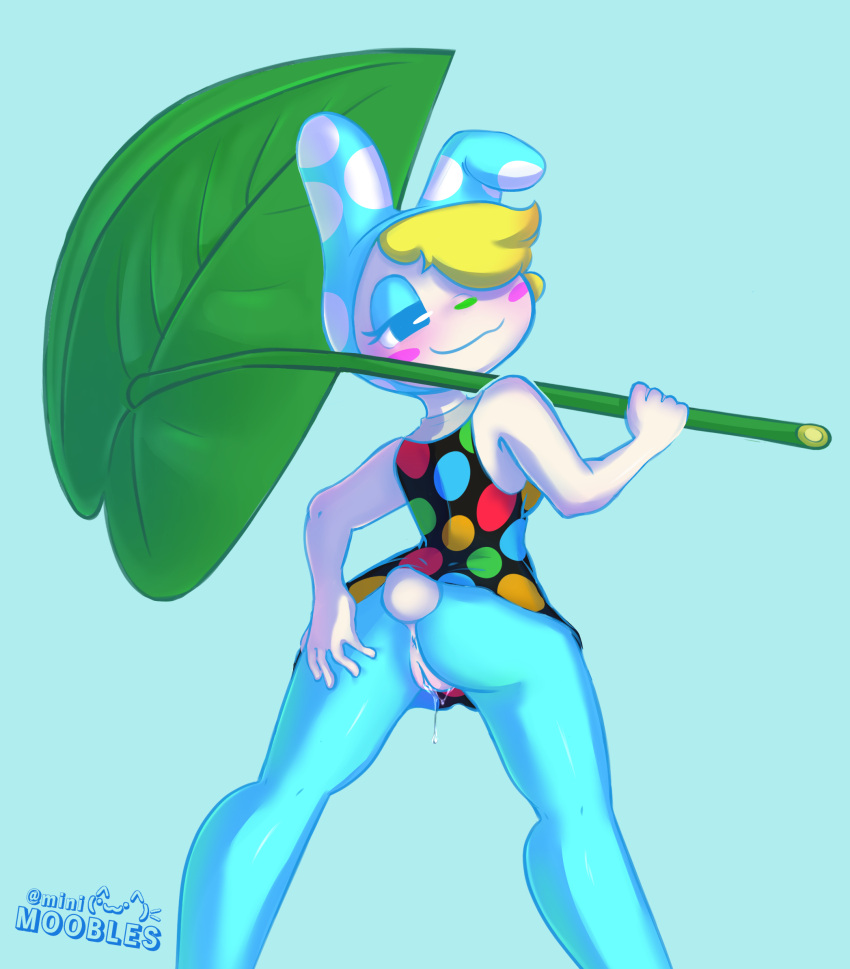 animal_crossing anthro anus ass big_butt blonde_hair blue_eyes blush bodily_fluids bottomwear butt_grab clothed clothing clothing_lift cotton_tail digital_media_(artwork) dress dress_lift female francine_(animal_crossing) fur genital_fluids genitals green_nose hair hand_on_butt hat headgear headwear hi_res holding_leaf holding_object lagomorph leaf leaf_umbrella leg_grab leporid looking_at_viewer looking_back low-angle_view mammal minimoobles nintendo pussy pussy_juice rabbit scut_tail short_tail simple_background skirt skirt_lift smile solo spread_anus spread_butt spread_legs spread_pussy spreading tail thick_thighs thigh_grab topwear umbrella upskirt white_body white_fur