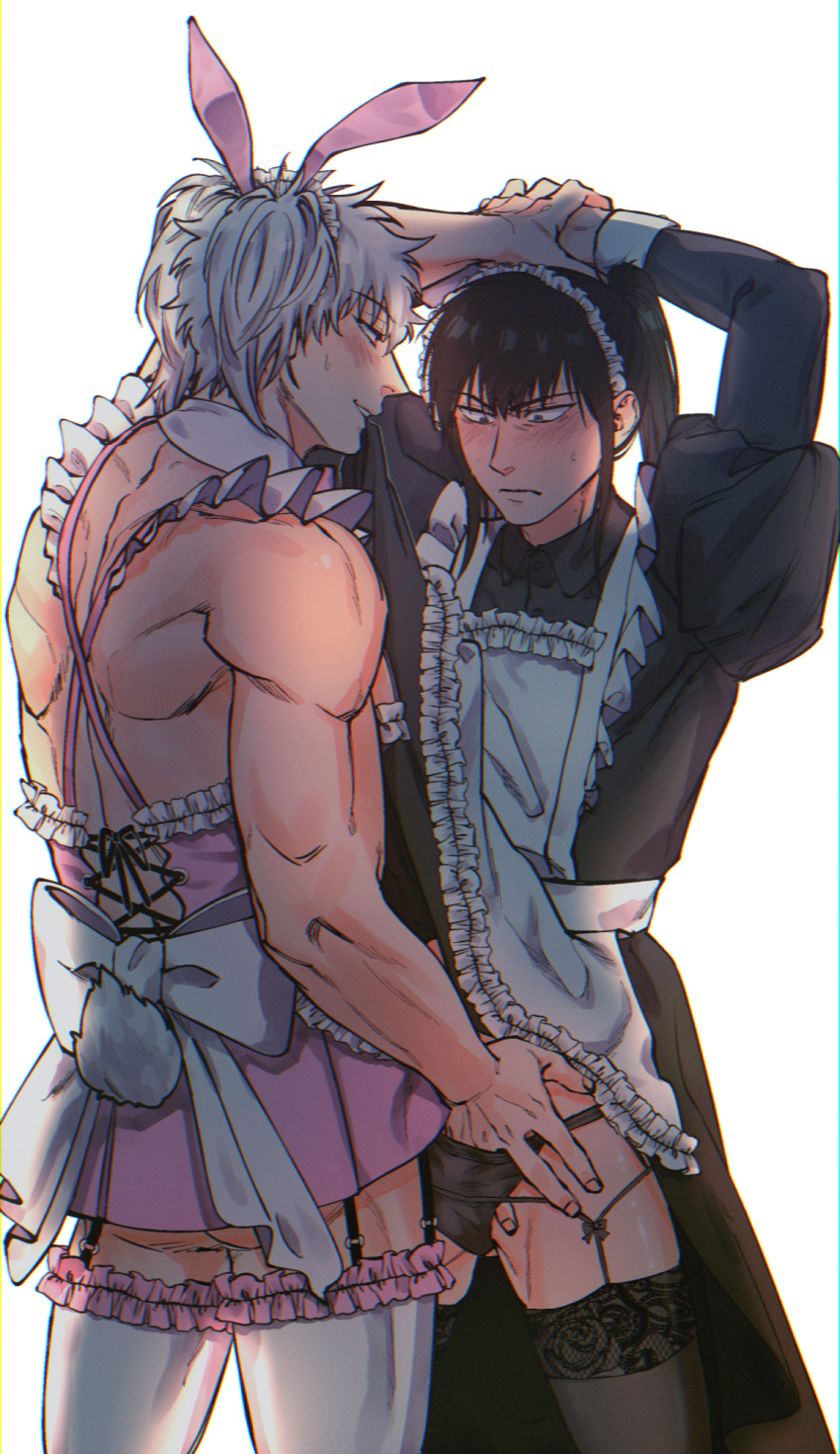 2boys alternate_costume apron arms_up black_hair black_legwear black_panties black_thighhighs blush bunny_boy bunny_ears bunny_tail crossdressing dress_lift embarrassed femboy fizzy_bit frilled_legwear garter_straps gay gintama gintoki_sakata hand_in_another's_panties hand_in_panties hijikata_toshiro lace-trimmed_thighhighs long_hair_male maid maid_headdress maid_uniform male male_only muscular muscular_male nervous panties ponytail skirt_lift stockings sweatdrop thighhighs twunk underass upskirt white_hair white_legwear white_thighhighs wig wrist_grab yaoi