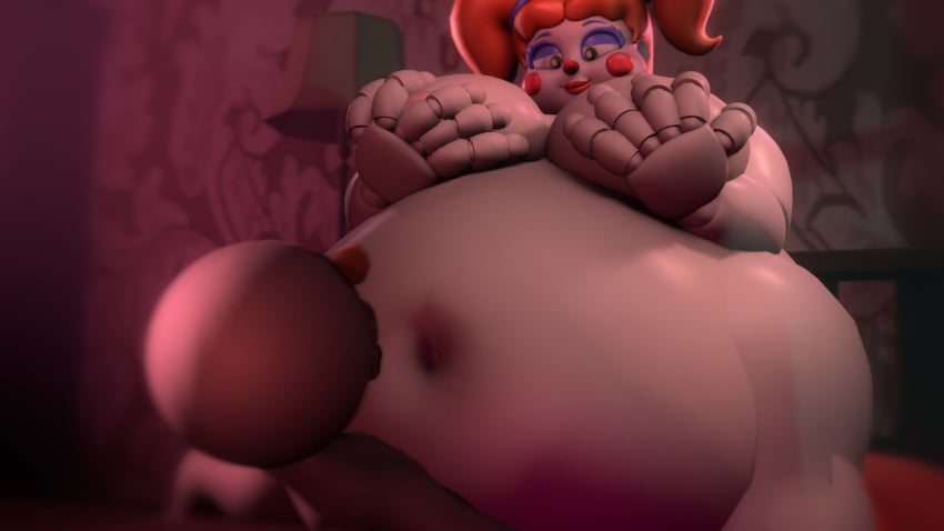 1girls 3d 3d_(artwork) anonymous_character baby_(fnafsl) big_belly bubblefox chubby chubby_male circus_baby circus_baby_(fnaf) five_nights_at_freddy's hand_on_breast huge_breasts hyper obese obese_female overweight overweight_female sitting