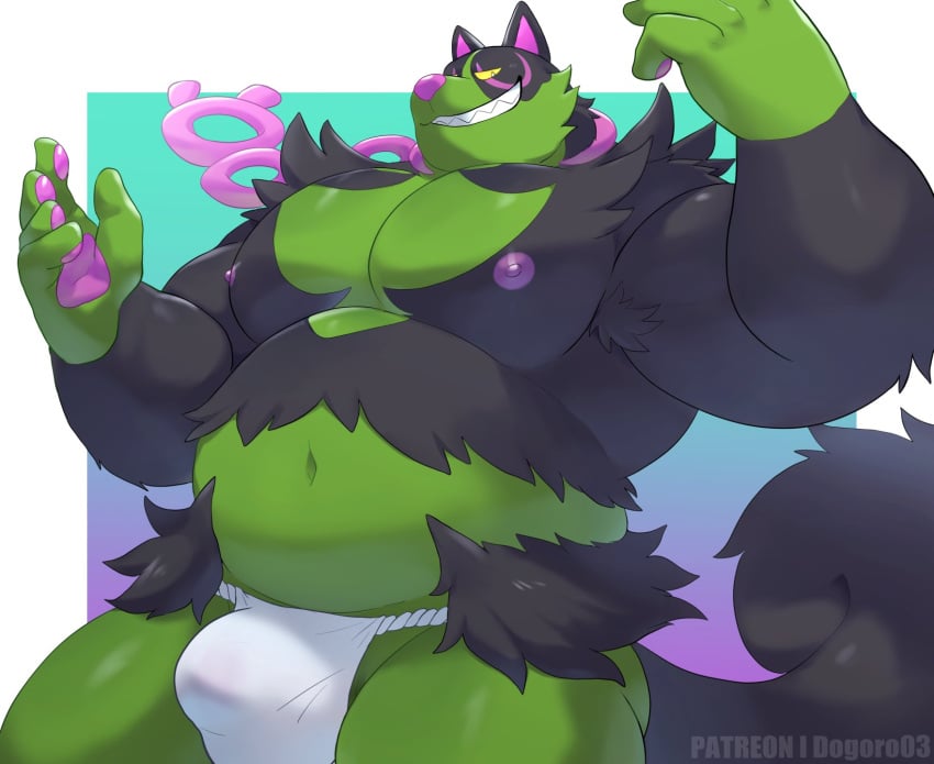 2023 anthro asian_clothing barazoku belly big_pecs black_body black_fur bulge canid canine clothed clothing detailed_bulge east_asian_clothing fundoshi fundoshi_only fur generation_9_pokemon green_body grin hi_res japanese_clothing legendary_pokemon male male_only mammal musclegut nintendo nipples o-ro okidogi overweight overweight_male pawpads pecs pokemon pokemon_(species) pose smile solo tail topless translucent translucent_clothing translucent_underwear underwear underwear_only