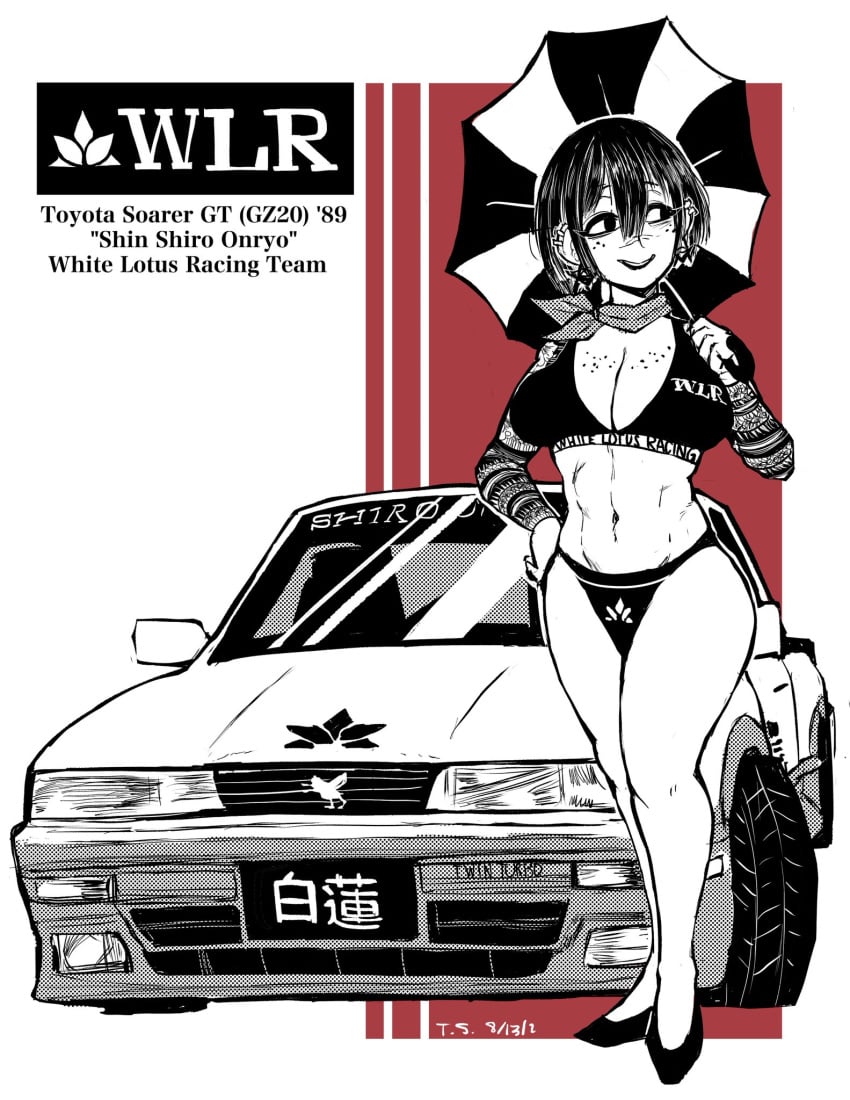 bikini car cleavage freckles freckles_on_breasts freckles_on_face heels japanese_text race_queen ryona_(tomboy_sama) scarf short_hair smile tattooed_arm tattoos tomboy tomboy_sama toyota umbrella vehicle